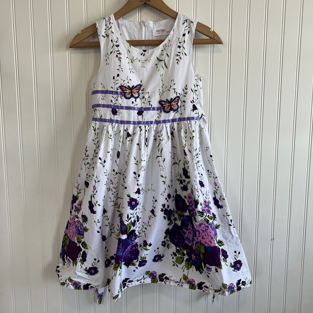 Sunny Fashion Girls Floral Dress Size 9/10 Purple Flowers & Butterflies